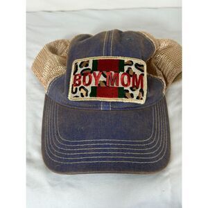 Boy Mom Distressed Snap Back Hat Adjustable Blue/Tan Embroidered Logo